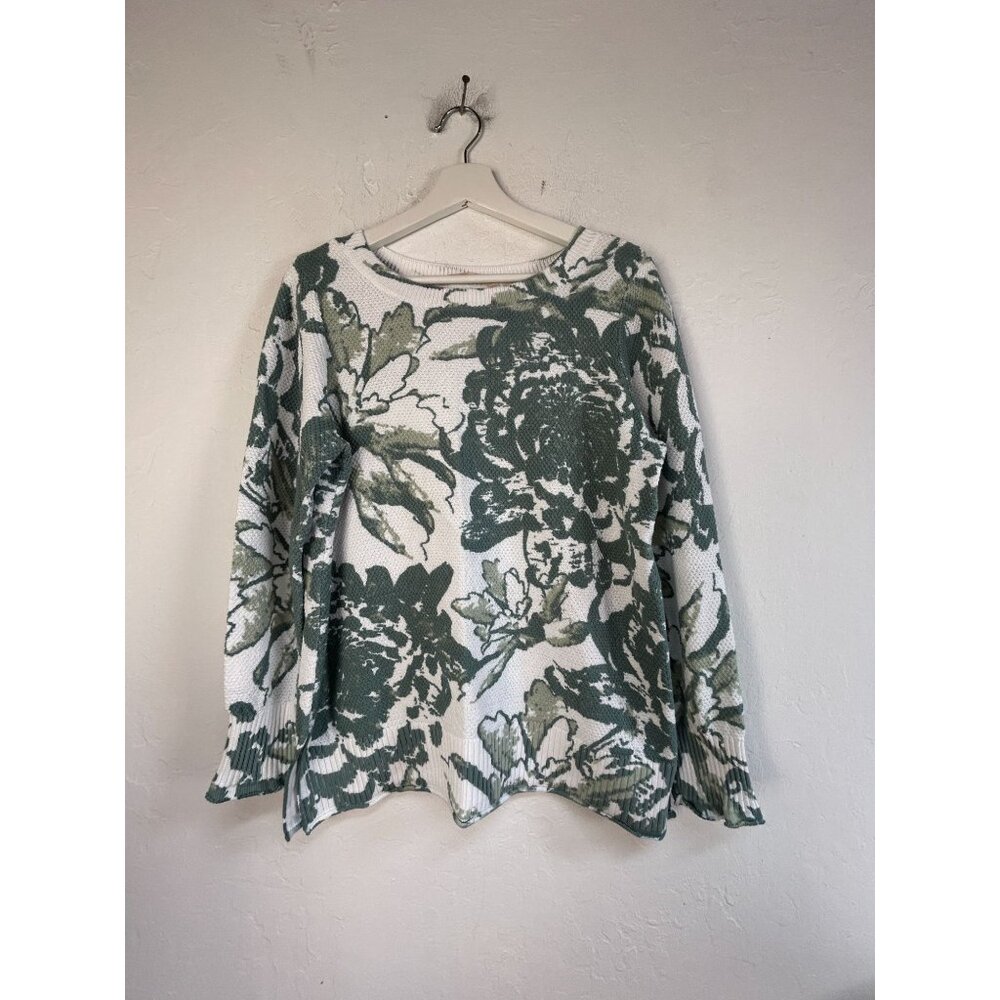 Soft Surroundings Womens Floral Knit Sweater Large Green White Cotton Pullover